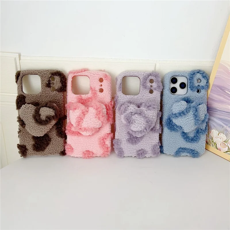 For iPhone 17 Pro Case 3D Heart Plush TPU Winter Warm Soft TPU Phone Cover - Brown