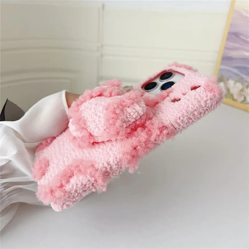 For iPhone 17 Pro Max Case 3D Heart Plush TPU Winter Warm Soft TPU Phone Cover - Brown