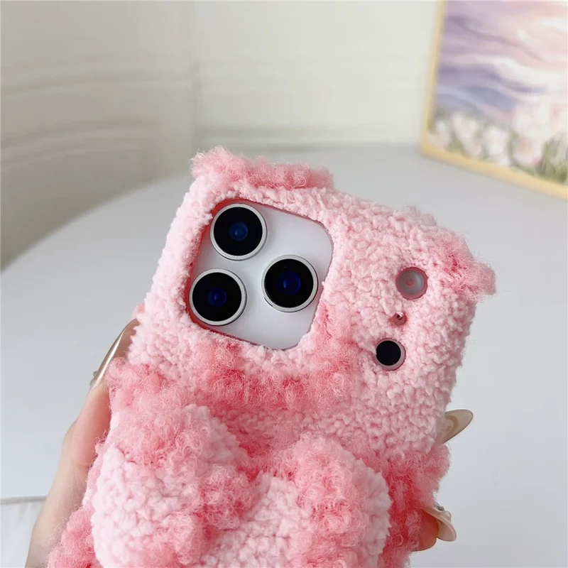 For iPhone 17 Pro Max Case 3D Heart Plush TPU Winter Warm Soft TPU Phone Cover - Brown