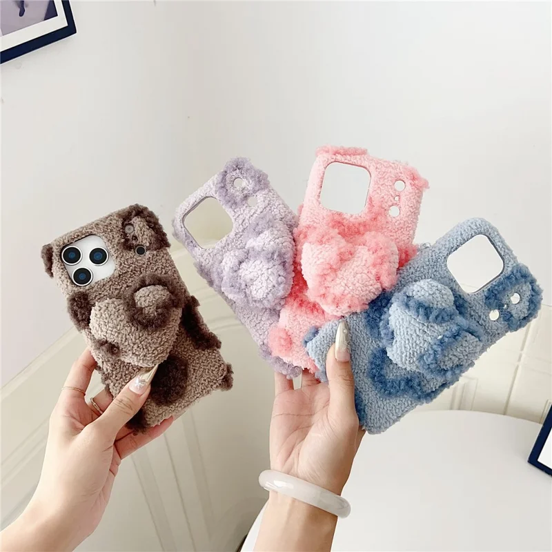 For iPhone 17 Pro Max Case 3D Heart Plush TPU Winter Warm Soft TPU Phone Cover - Brown