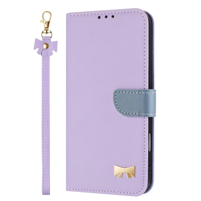 Funda de cuero para teléfono Xiaomi Redmi 15C 4G (Global) (171mm) / Poco C85 4G con decoración de lazo, billetera y correa de muñeca - Púrpura