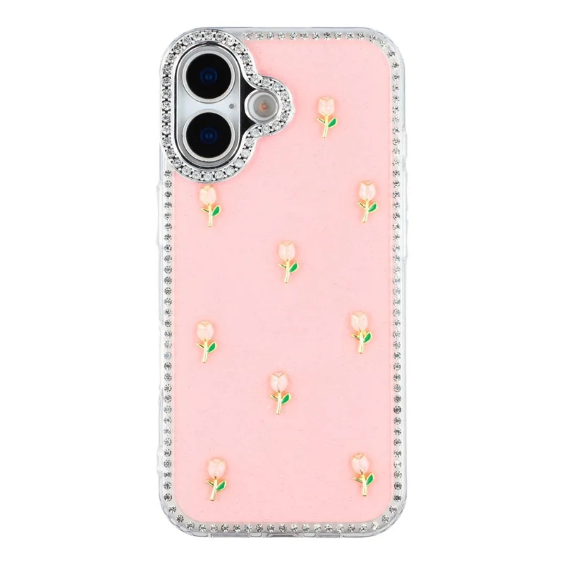 Capa para iPhone 17 - Borda de Strass, Decoração de Tulipas Pequenas, TPU + PC IMD, Capa de Telefone - Glitter Rosa Claro