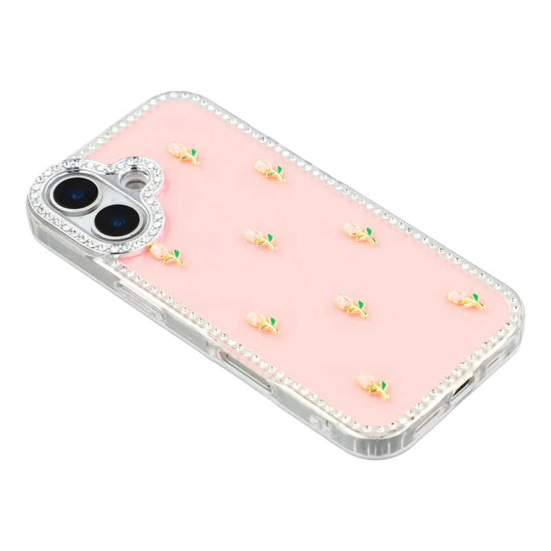 Capa para iPhone 17 - Borda de Strass, Decoração de Tulipas Pequenas, TPU + PC IMD, Capa de Telefone - Glitter Rosa Claro