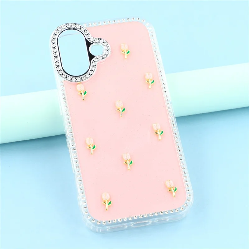 Capa para iPhone 16 - Borda de Strass, Decoração de Tulipas Pequenas, Capa de Telefone TPU + PC IMD - Glitter Rosa Claro