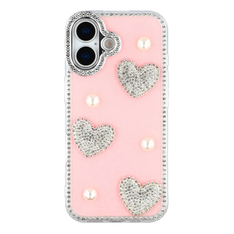 Capa para iPhone 16 - Borda de Strass, Pérola, Decoração de Amor, TPU + PC IMD, Capa de Telefone - Glitter Rosa Claro