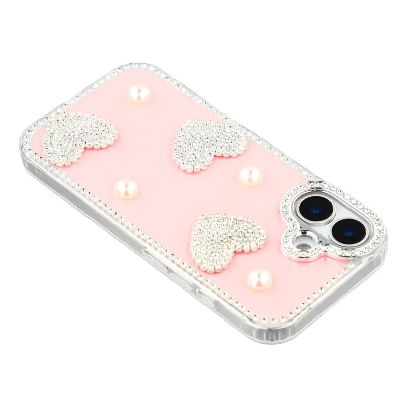 Capa para iPhone 16 - Borda de Strass, Pérola, Decoração de Amor, TPU + PC IMD, Capa de Telefone - Glitter Rosa Claro
