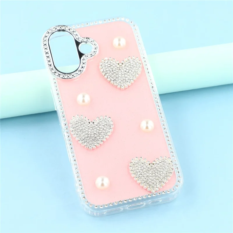 Capa para iPhone 16 - Borda de Strass, Pérola, Decoração de Amor, TPU + PC IMD, Capa de Telefone - Glitter Rosa Claro