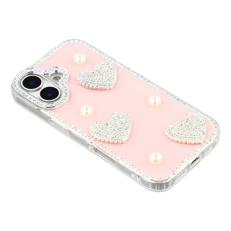 Capa para iPhone 17 - Borda de Strass, Decoração de Pérola Amorosa, Capa de Telefone TPU + PC IMD - Glitter Rosa Claro
