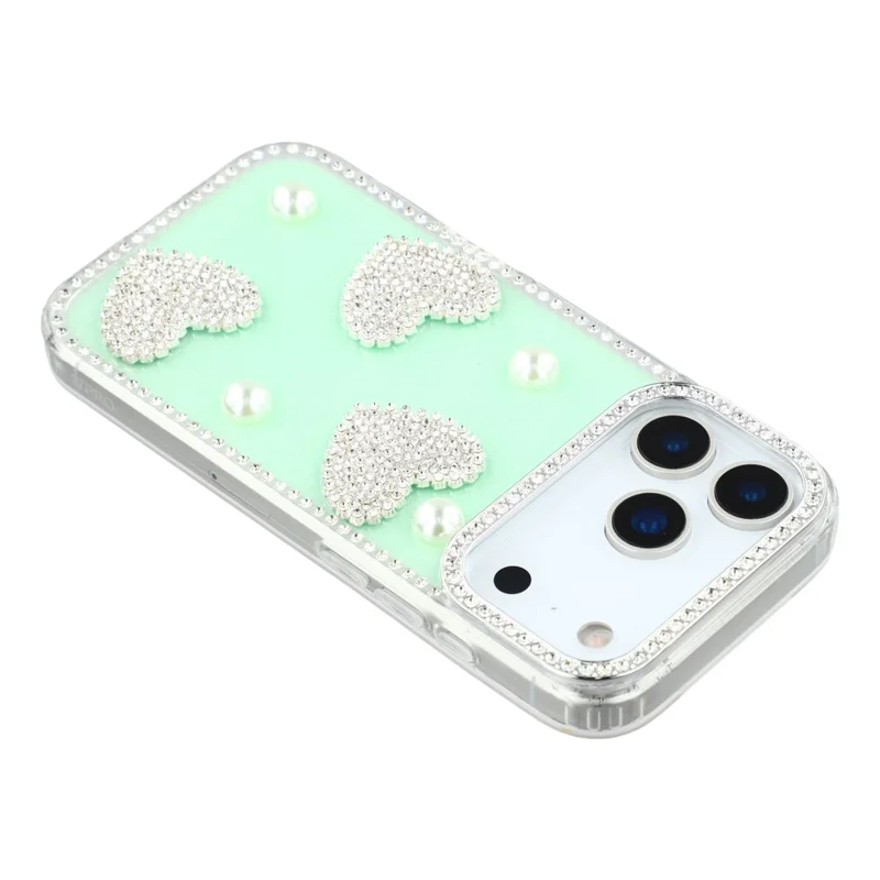 iPhone 17 Pro Hülle mit Rhinestone-Kante, Perlen-Liebe-Dekor, TPU + PC IMD Handyhülle - Glitzerndes Hellgrün