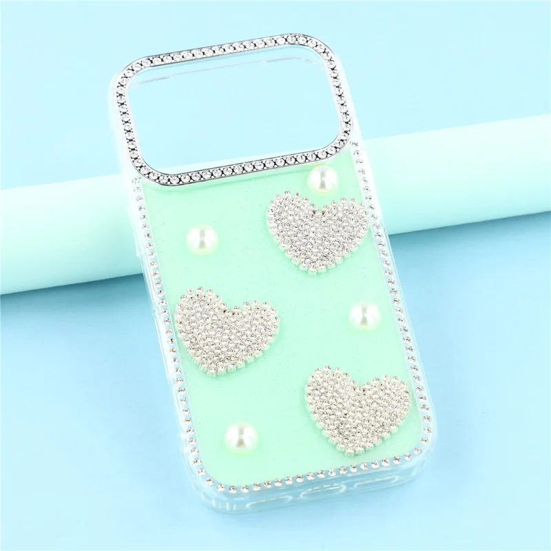 iPhone 17 Pro Hülle mit Rhinestone-Kante, Perlen-Liebe-Dekor, TPU + PC IMD Handyhülle - Glitzerndes Hellgrün