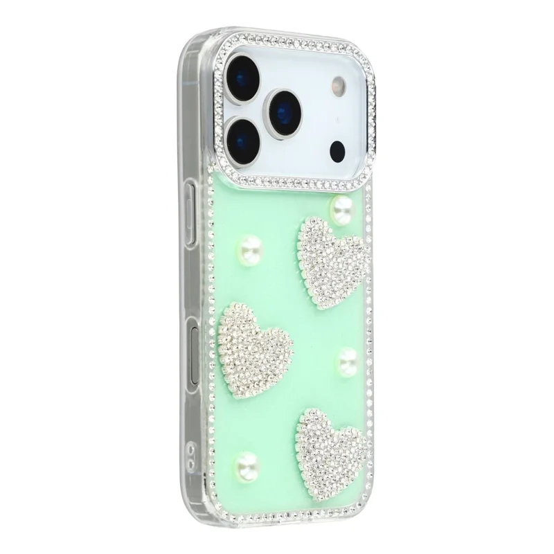 iPhone 17 Pro Max Hülle mit Rhinestone-Kante, Perlen-Liebe-Dekor, TPU + PC IMD-Handyhülle - Glitter Light Green