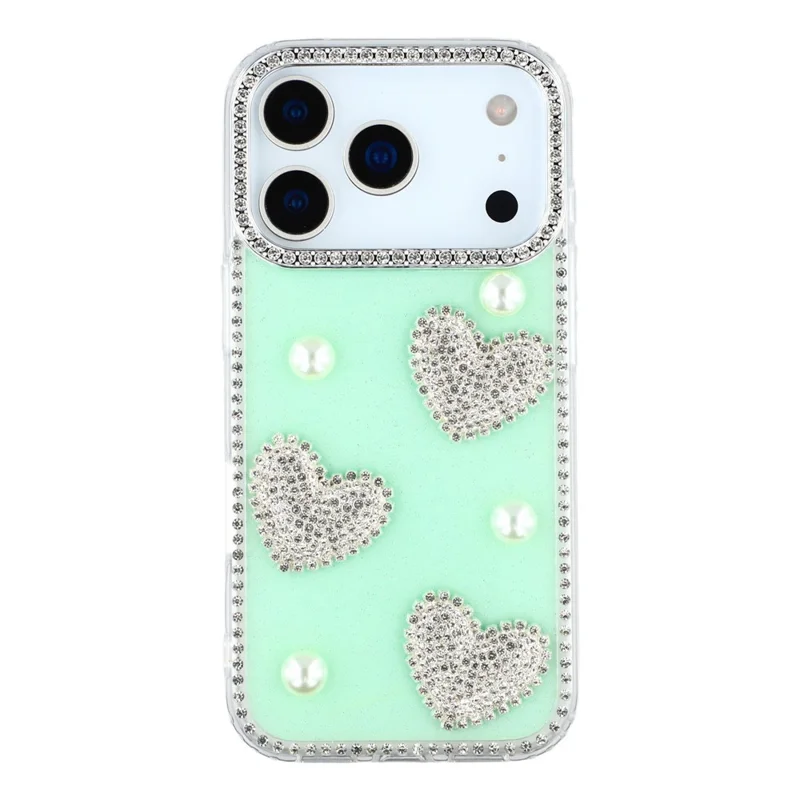 iPhone 17 Pro Max Hülle mit Rhinestone-Kante, Perlen-Liebe-Dekor, TPU + PC IMD-Handyhülle - Glitter Light Green