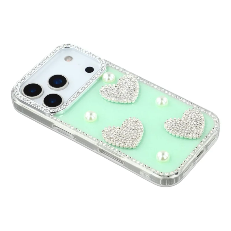 iPhone 17 Pro Max Hülle mit Rhinestone-Kante, Perlen-Liebe-Dekor, TPU + PC IMD-Handyhülle - Glitter Light Green