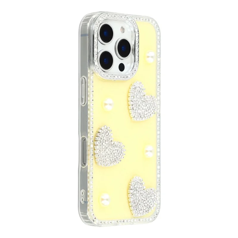 Capa do iPhone 16 Pro Max - Borda de Strass, Pérola, Decoração de Amor, TPU + PC IMD, Capa de Telefone - Glitter Amarelo Claro