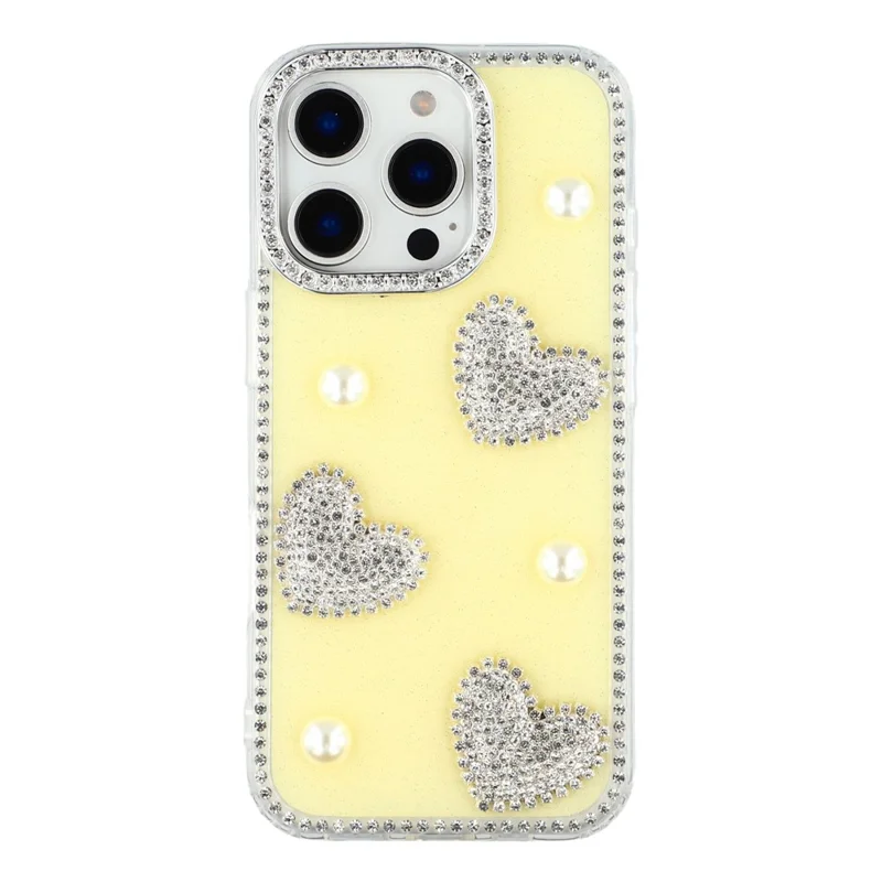 Capa do iPhone 16 Pro Max - Borda de Strass, Pérola, Decoração de Amor, TPU + PC IMD, Capa de Telefone - Glitter Amarelo Claro