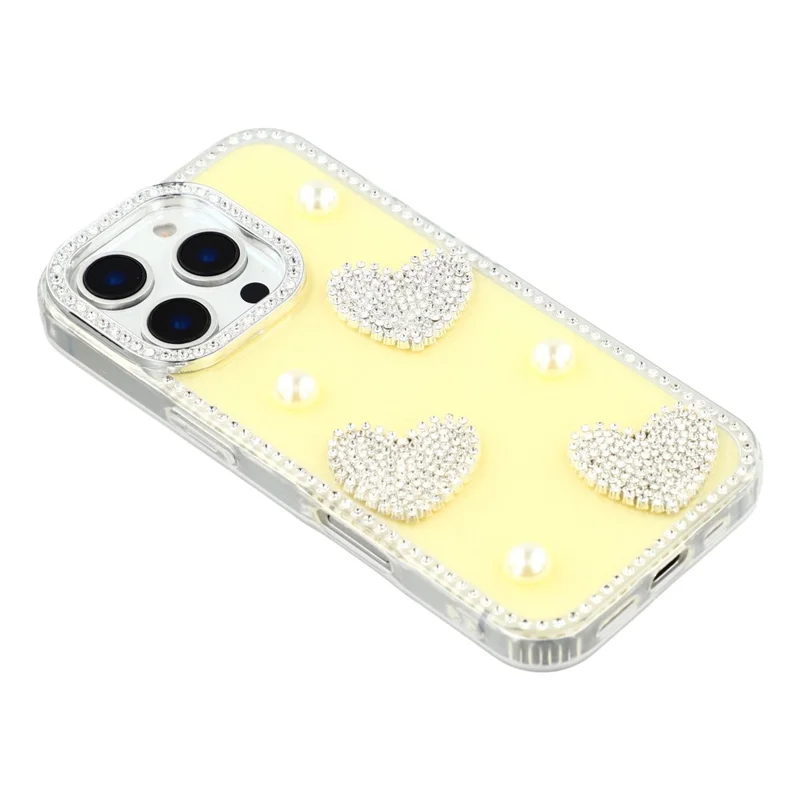 Capa do iPhone 16 Pro Max - Borda de Strass, Pérola, Decoração de Amor, TPU + PC IMD, Capa de Telefone - Glitter Amarelo Claro