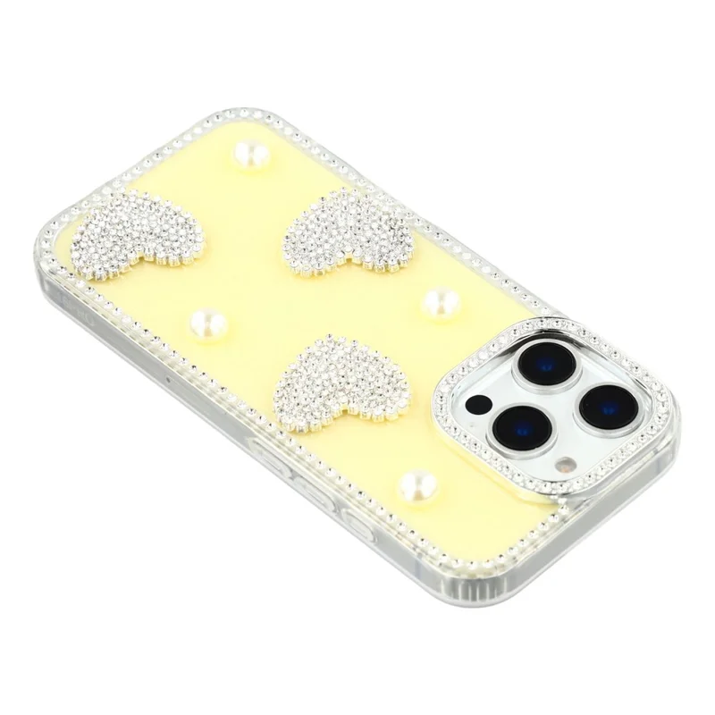 Capa do iPhone 16 Pro Max - Borda de Strass, Pérola, Decoração de Amor, TPU + PC IMD, Capa de Telefone - Glitter Amarelo Claro