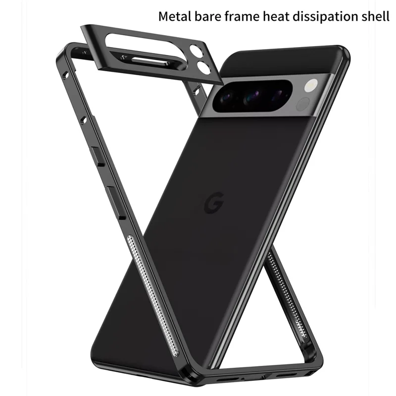 For Google Pixel 8 Pro Bumper Cases Metal Frame Heat Dissipation Cover with Lens Protector - Black