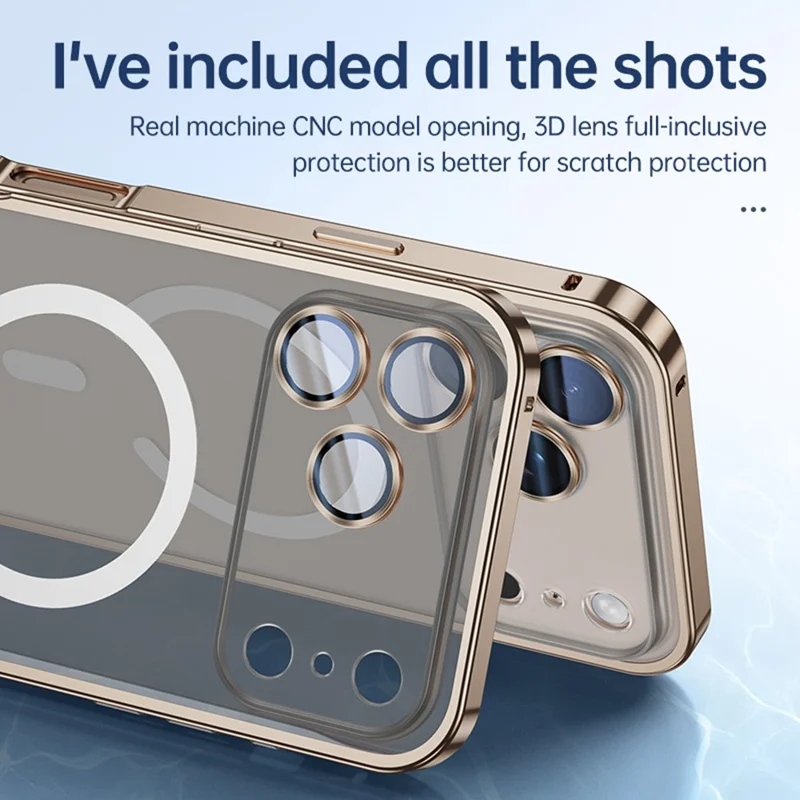 Для iPhone 17 Pro Max Metal Clear Case, совместимый с MagSafe, защитная блокировка на задней крышке - золотой