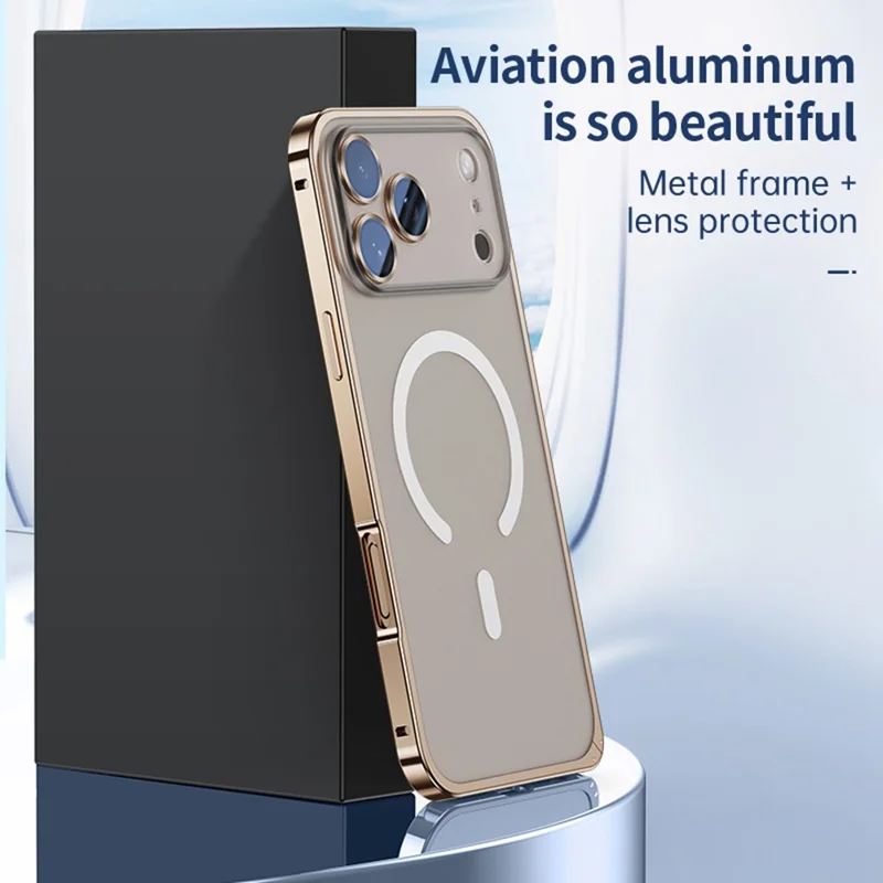 Для iPhone 17 Pro Max Metal Clear Case, совместимый с MagSafe, защитная блокировка на задней крышке - золотой