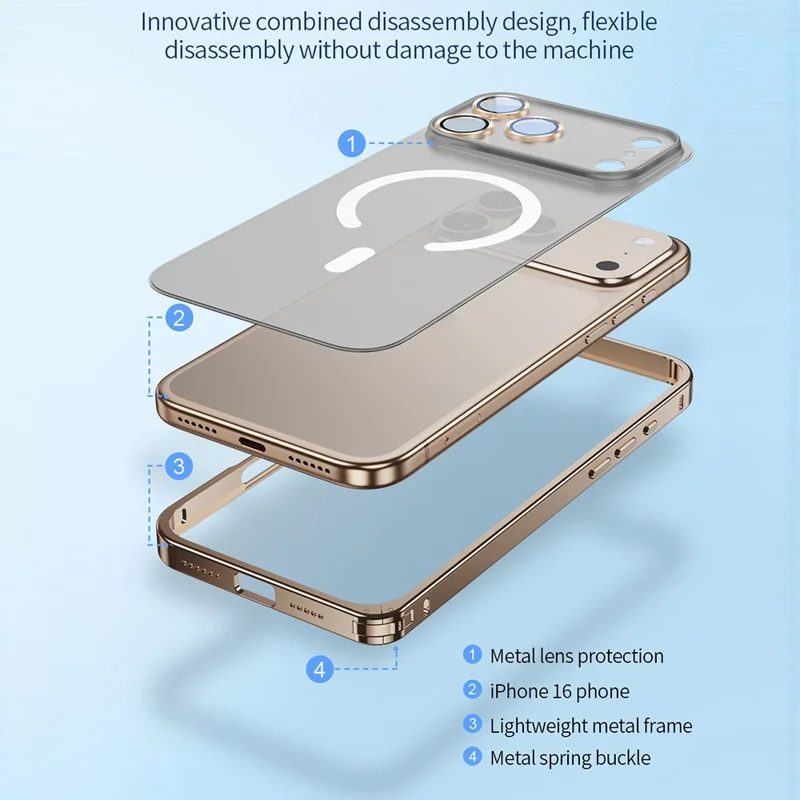 Чехол из прозрачного металла для iPhone 17 Pro с совместимостью с MagSafe и защитной блокировкой на задней панели - золотой