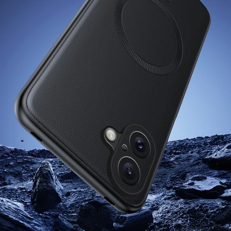 For iPhone 16 Case Compatible with MagSafe Leather Coated TPU + PC Phone Cover - Black