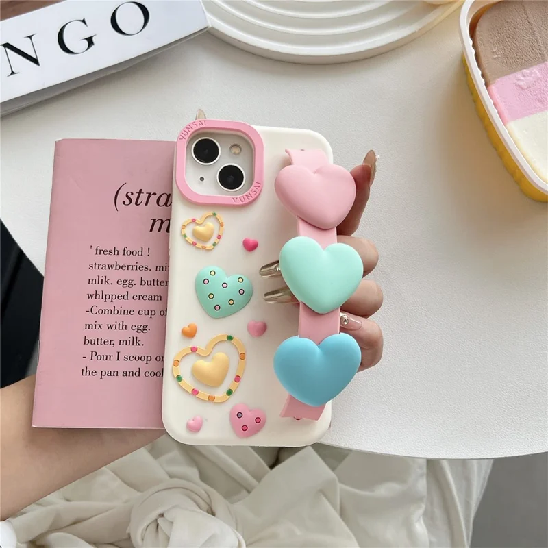For iPhone 15 Silicone Case Cute Love Wrist Strap Design Shockproof Phone Back Cover
