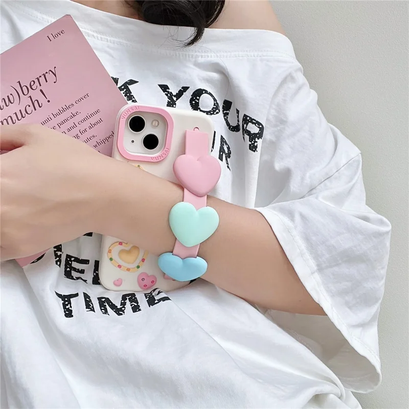 For iPhone 15 Silicone Case Cute Love Wrist Strap Design Shockproof Phone Back Cover