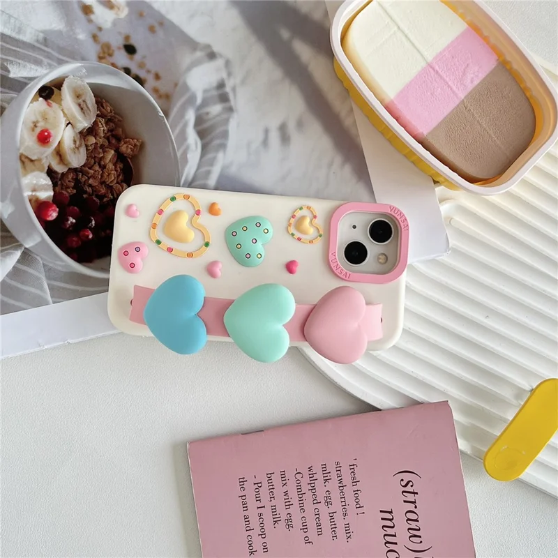 For iPhone 15 Silicone Case Cute Love Wrist Strap Design Shockproof Phone Back Cover