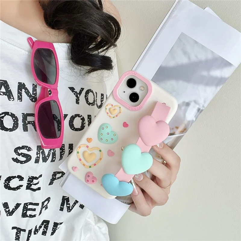 For iPhone 15 Silicone Case Cute Love Wrist Strap Design Shockproof Phone Back Cover
