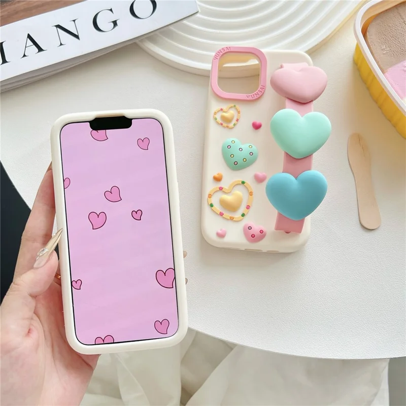 For iPhone 15 Silicone Case Cute Love Wrist Strap Design Shockproof Phone Back Cover