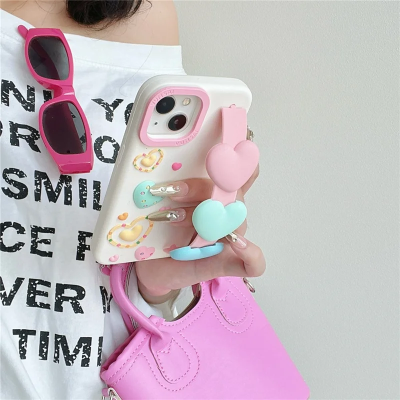 For iPhone 15 Silicone Case Cute Love Wrist Strap Design Shockproof Phone Back Cover