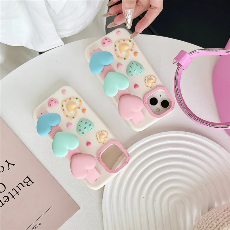 For iPhone 15 Silicone Case Cute Love Wrist Strap Design Shockproof Phone Back Cover