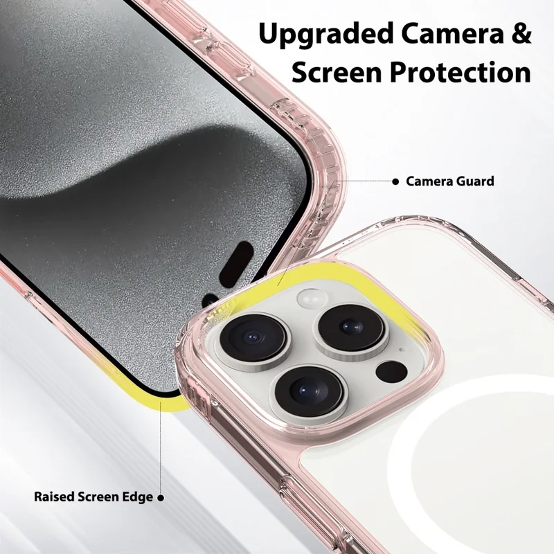 Hoesje voor iPhone 16 Pro, compatibel met MagSafe, transparant hoesje van PC + TPU met gehard glas schermbeschermer - Roze