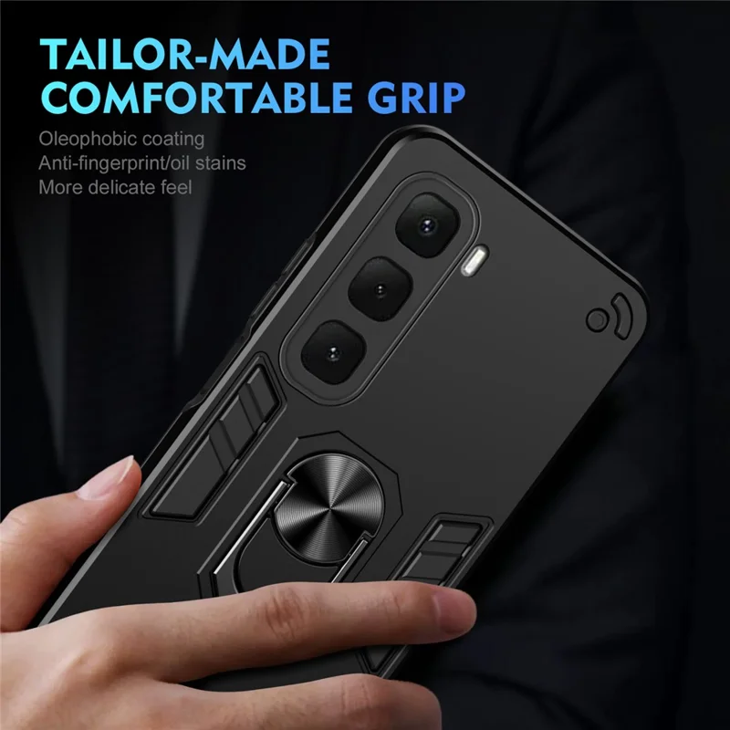 Для Infinix Hot 60i 4G Чехол PC + TPU Drop Defend Phone Cover с кольцевой подставкой - Черный