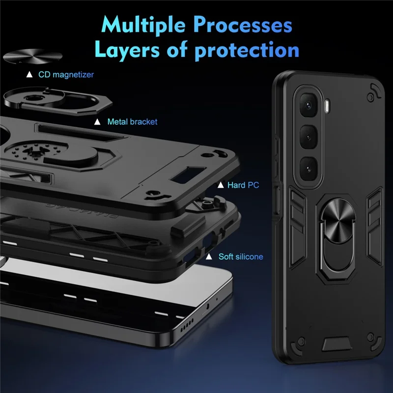 Для Infinix Hot 60i 4G Чехол PC + TPU Drop Defend Phone Cover с кольцевой подставкой - Черный