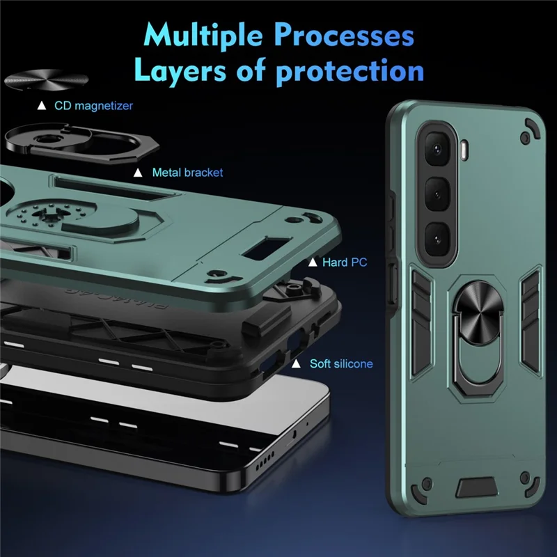 For Infinix Hot 60i 4G Case PC + TPU Drop Defend Phone Cover with Ring Kickstand - Green