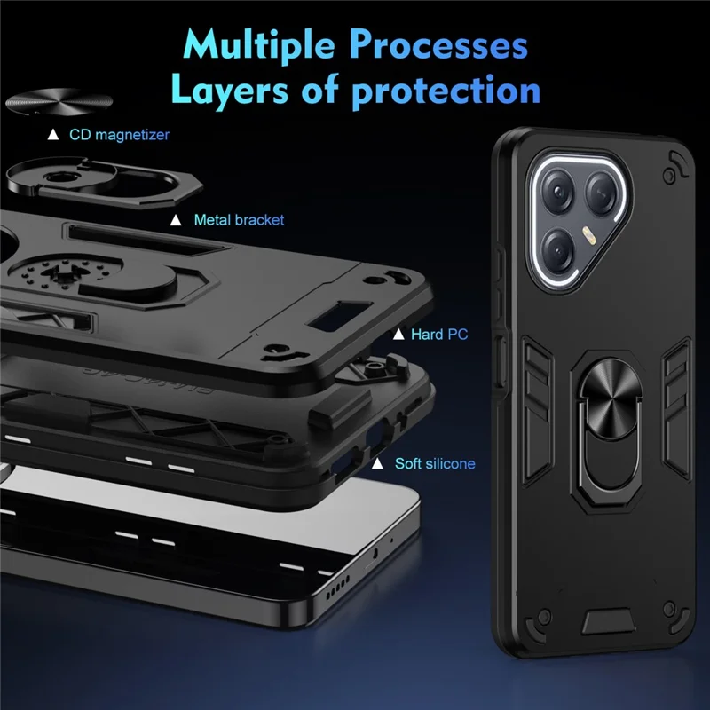 Чехол TECNO Pova 7 Ultra 5G PC + TPU с защитой от падения и кольцевой подставкой - черный