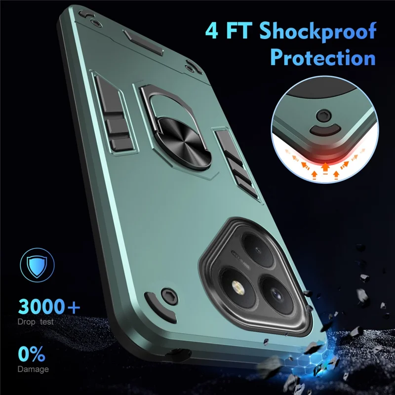 TECNO Pova 7 4G Чехол PC + TPU Drop Defend Чехол для телефона с кольцевой подставкой - Зеленый