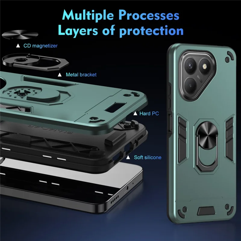 TECNO Pova 7 4G Чехол PC + TPU Drop Defend Чехол для телефона с кольцевой подставкой - Зеленый
