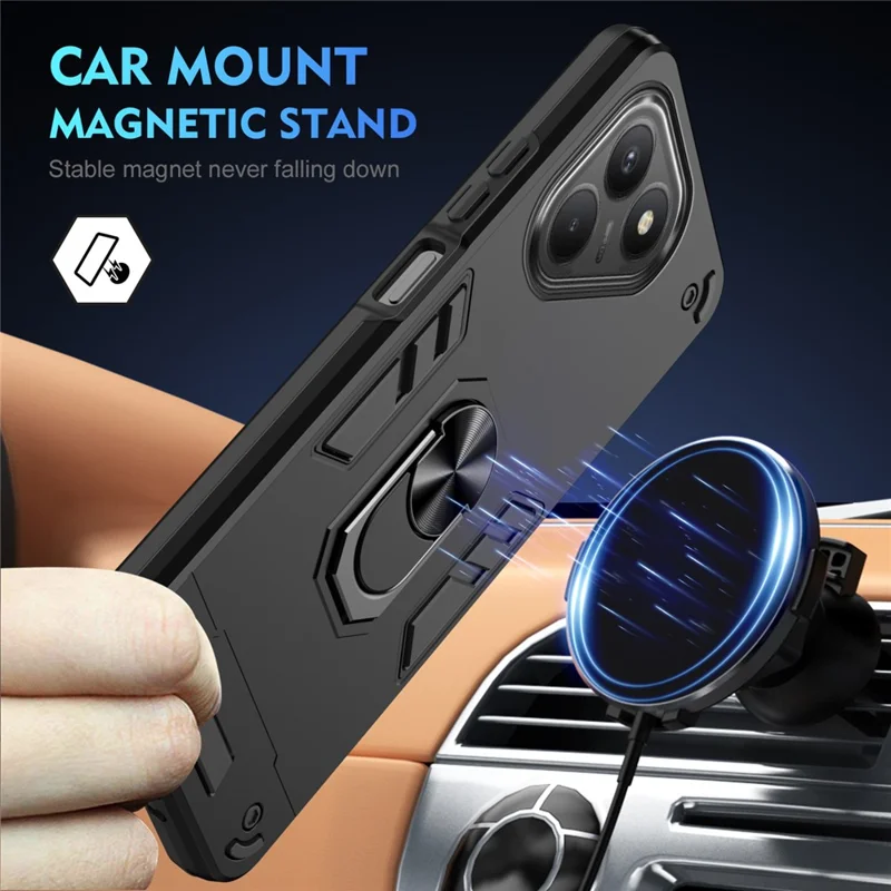 For TECNO Pova 7 4G Case PC + TPU Drop Defend Phone Cover with Ring Kickstand - Black