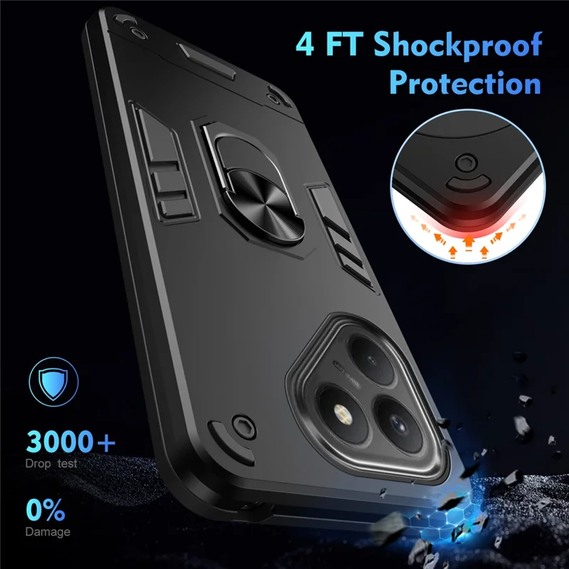 For TECNO Pova 7 4G Case PC + TPU Drop Defend Phone Cover with Ring Kickstand - Black