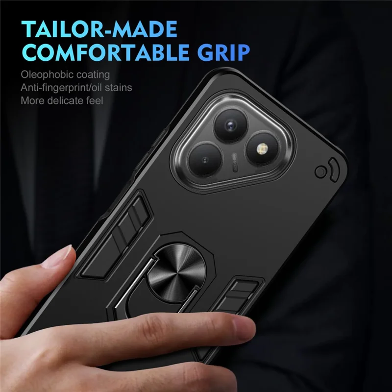 For TECNO Pova 7 4G Case PC + TPU Drop Defend Phone Cover with Ring Kickstand - Black