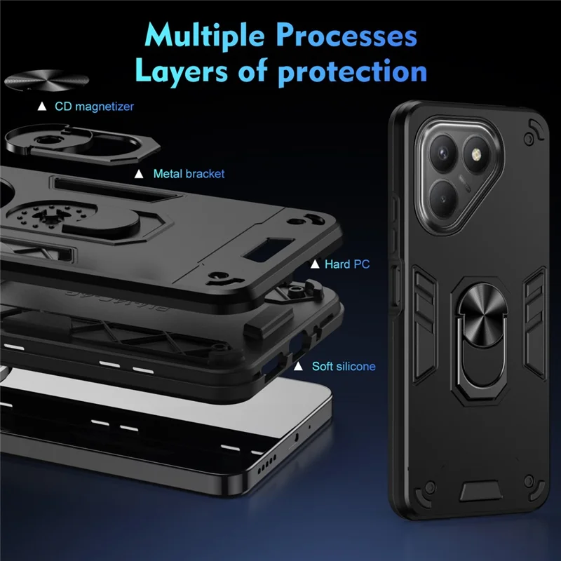 For TECNO Pova 7 4G Case PC + TPU Drop Defend Phone Cover with Ring Kickstand - Black