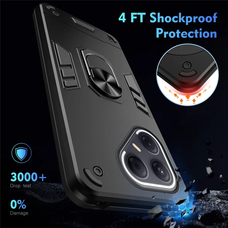 For TECNO Pova 7 5G Case PC + TPU Drop Defend Phone Cover with Ring Kickstand - Black
