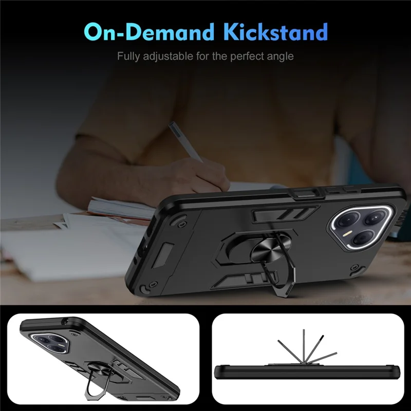For TECNO Pova 7 5G Case PC + TPU Drop Defend Phone Cover with Ring Kickstand - Black