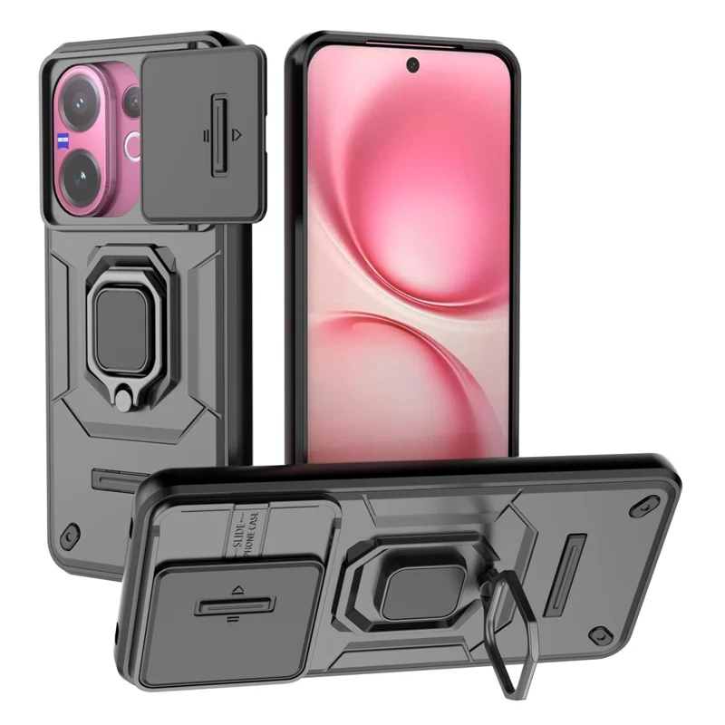 For vivo V60 5G Case PC + TPU Kickstand Phone Protector with Lens Cover - Black