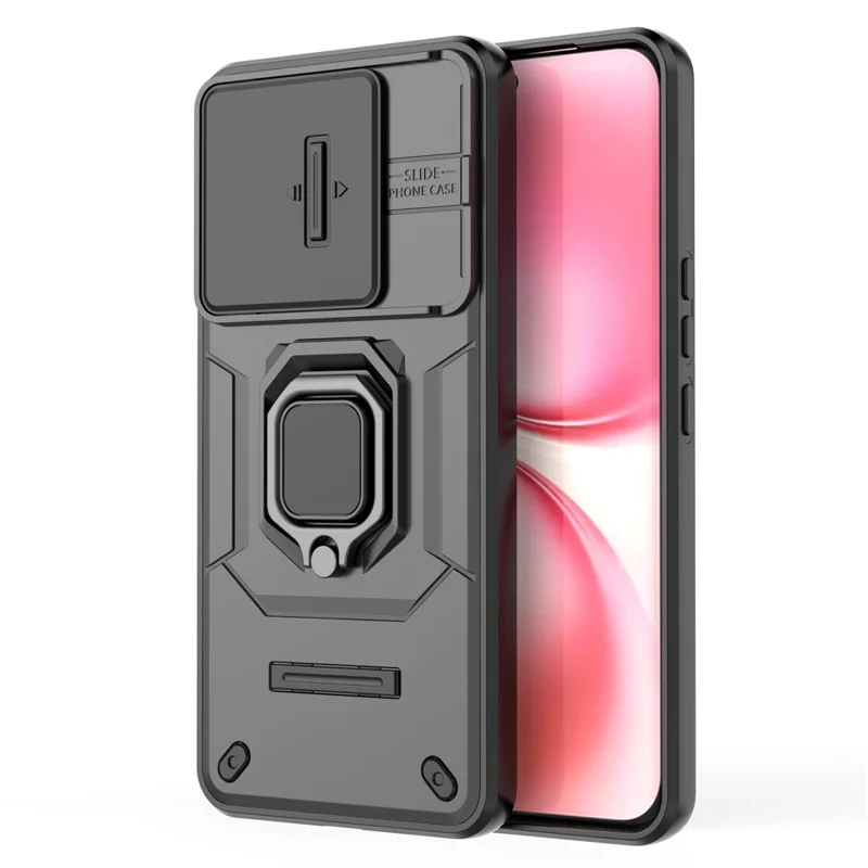 For vivo V60 5G Case PC + TPU Kickstand Phone Protector with Lens Cover - Black