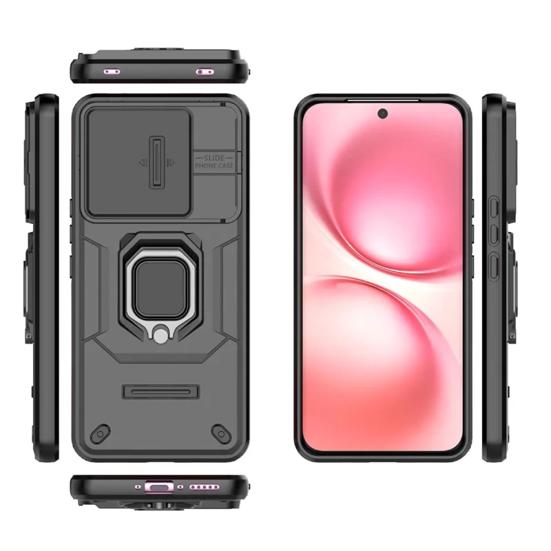 For vivo V60 5G Case PC + TPU Kickstand Phone Protector with Lens Cover - Black