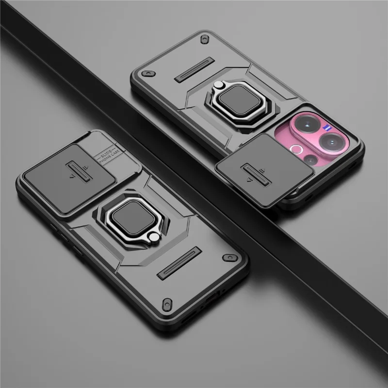 For vivo V60 5G Case PC + TPU Kickstand Phone Protector with Lens Cover - Black